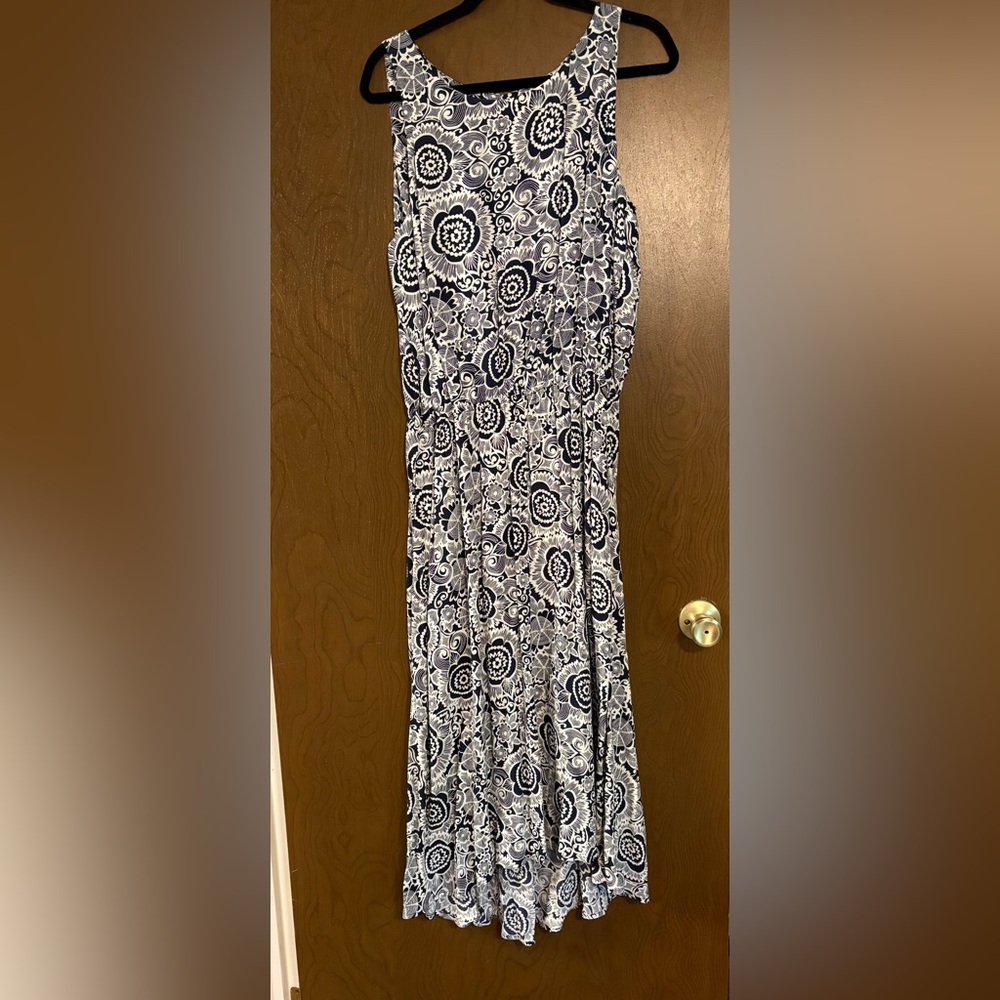 CAbi Navy and White Fit and Flare Maxi Dress